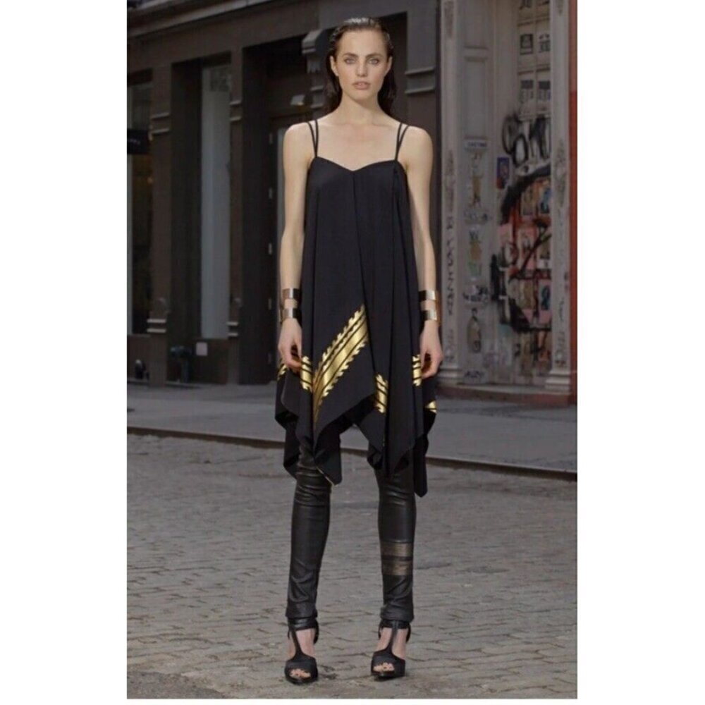 Sachin & Babi Dress Black Layered Strappy Cape Wings With Gold Accent Trim Sz 2